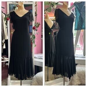 Vintage 70s Does 20s Beaded Flapper Disco Midi Dress Black Flowy Fairy M/L